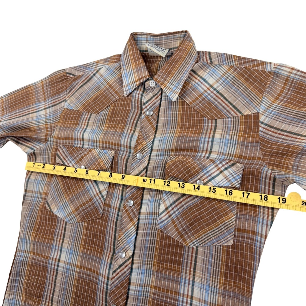 Saturdays California Western Pearl Snap Men SMALL Brown Plaid 70s 80s Vintage - Picture 5 of 9